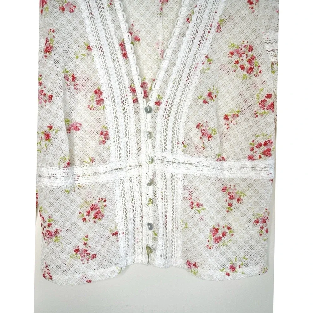Free People Kika Printed Top Floral Lace Cardigan White Pink M Coquette Cutecore - Picture 4 of 16